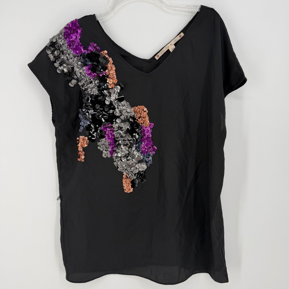 Chelsea & Violet Black Sequin embellished Blouse Top Women M Asymmetrical Party